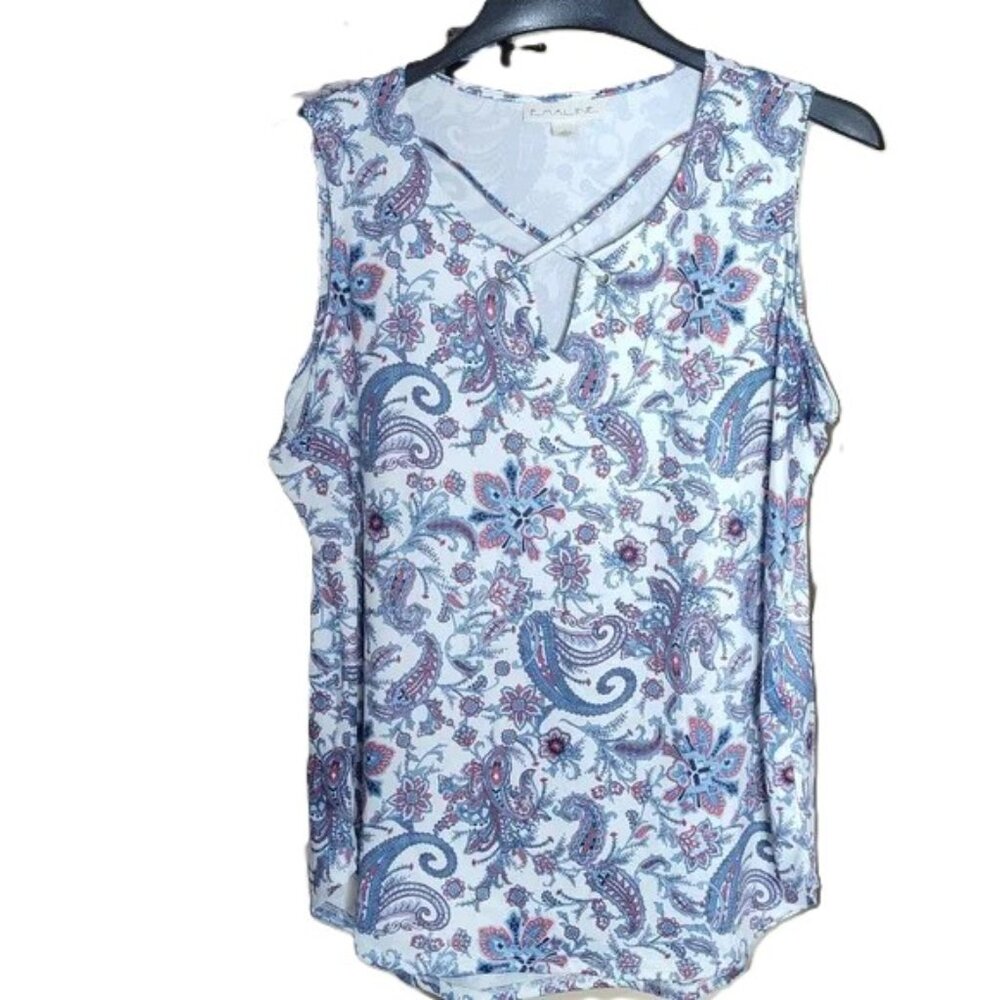 Emaline Tahiti 2019 Top Blouse Sleeveless Blue Floral Large